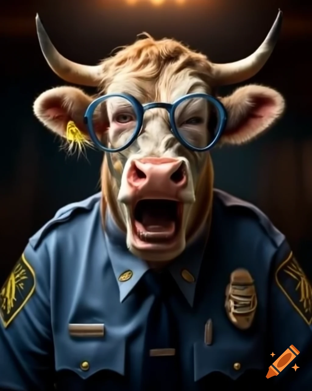 Angry cow with glasses in police uniform, cartoon style on Craiyon
