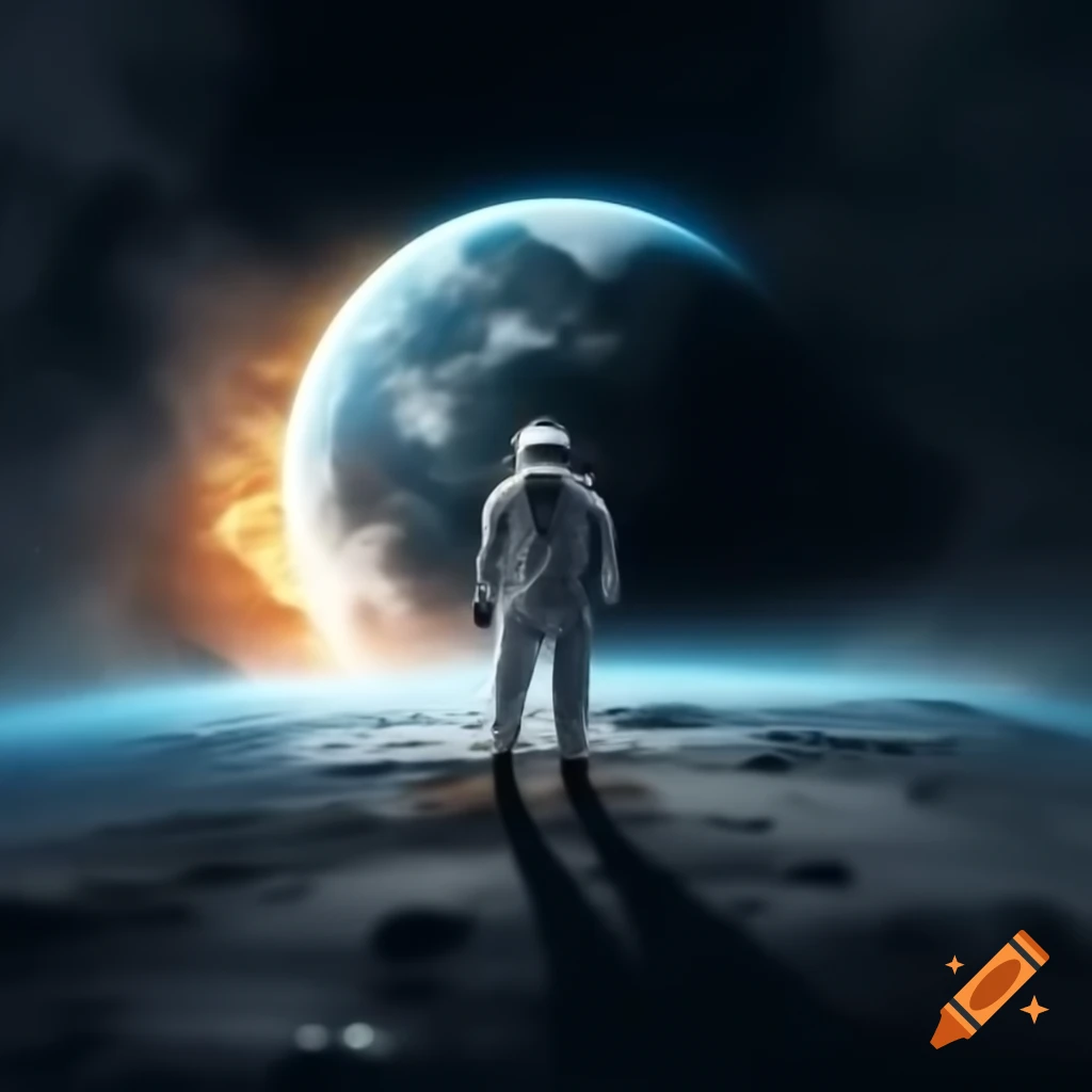 Astronaut on moon observing Earth's explosion