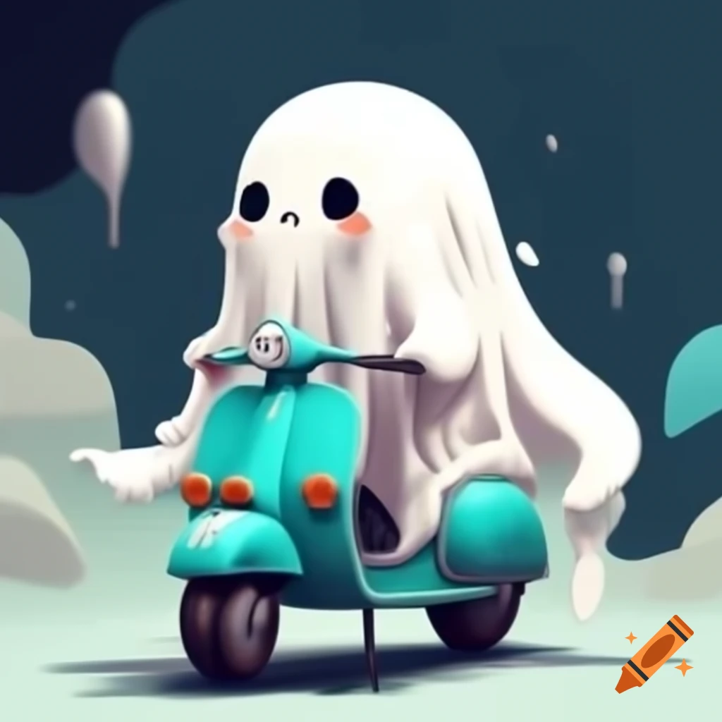 Ghost Riding Cartoon Cute ghost riding retro scooter in cartoon illustration style with ...