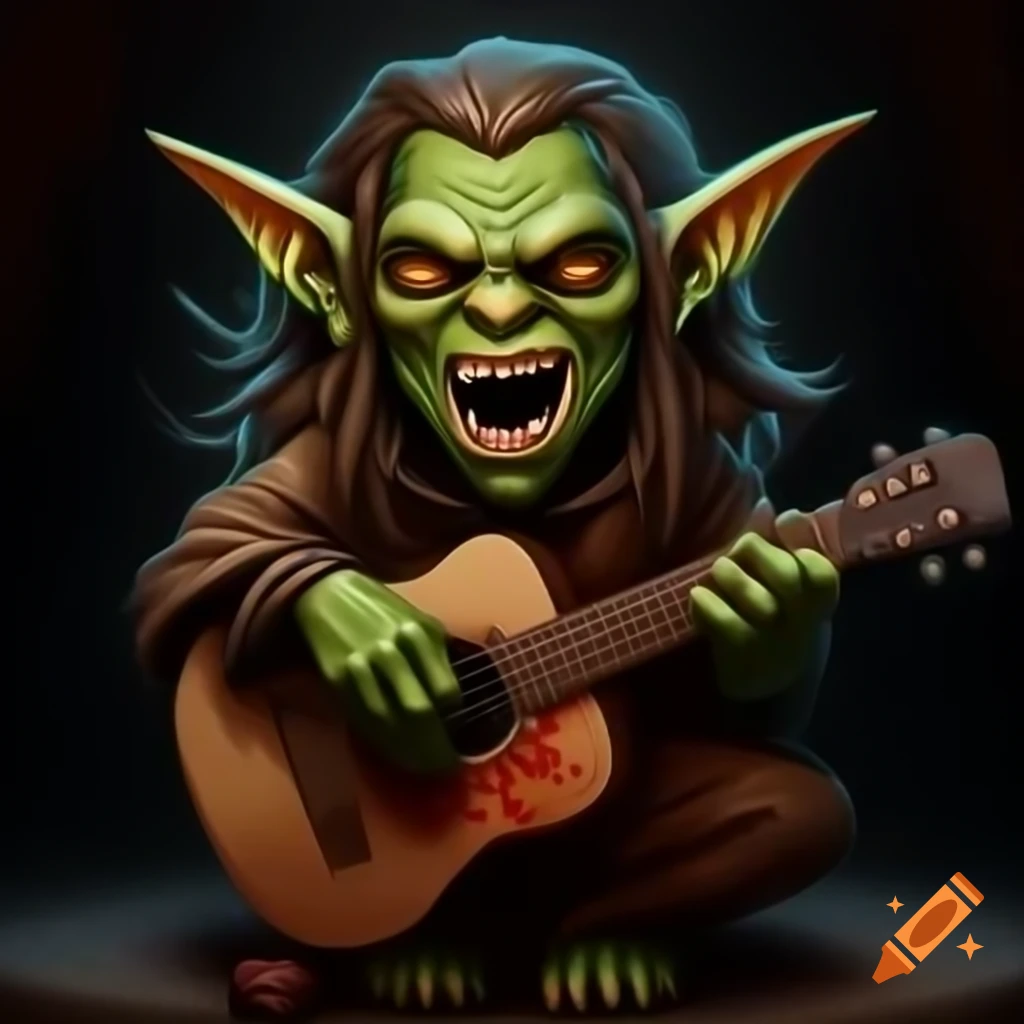 Gothic drawing of angry green goblin playing acoustic guitar