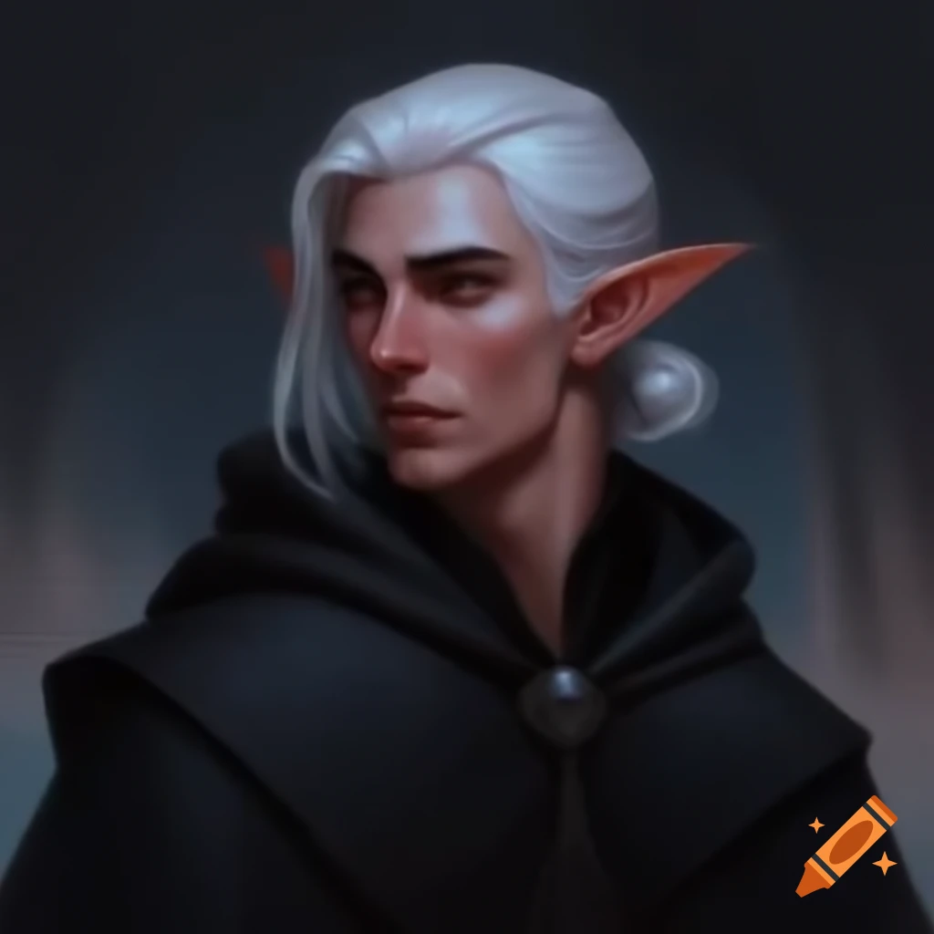 Handsome man with Elven ears and white hair pulling back his hood on ...