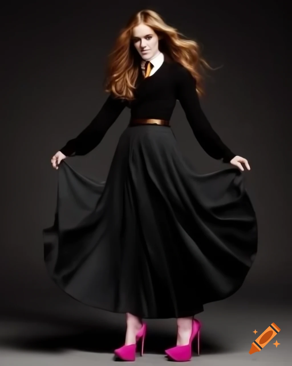 Hermione Granger wearing maxi skirt and low-heeled pink stilettos
