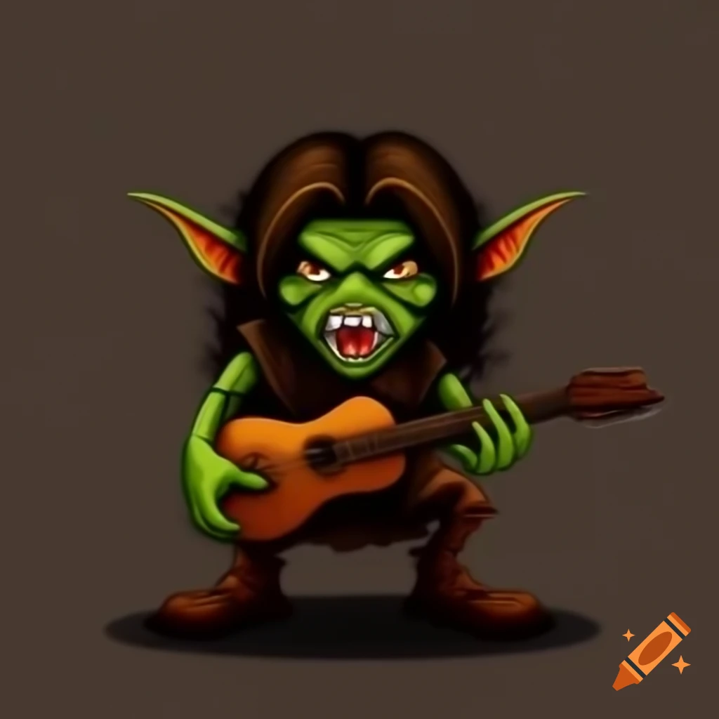 Gothic drawing of angry green goblin playing acoustic guitar