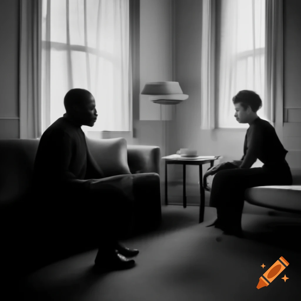 Black man conversing with therapist in a cozy room with couches and a table