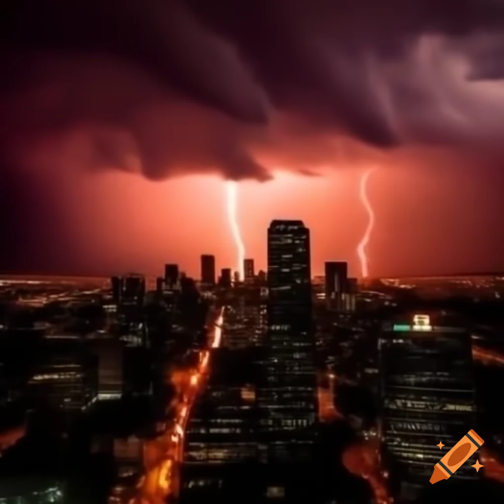 Stormy city night with orange lightning illuminating skyscrapers and ...