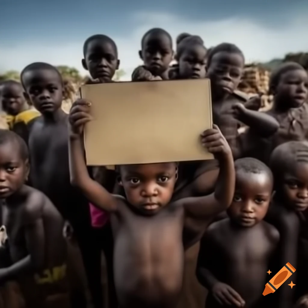 Children holding sign 'dziekowac' highlighting poverty