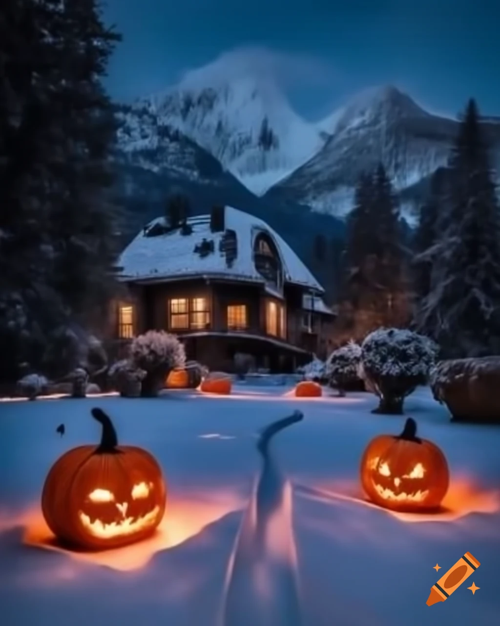 Halloween scene in winter with mountains and hotel