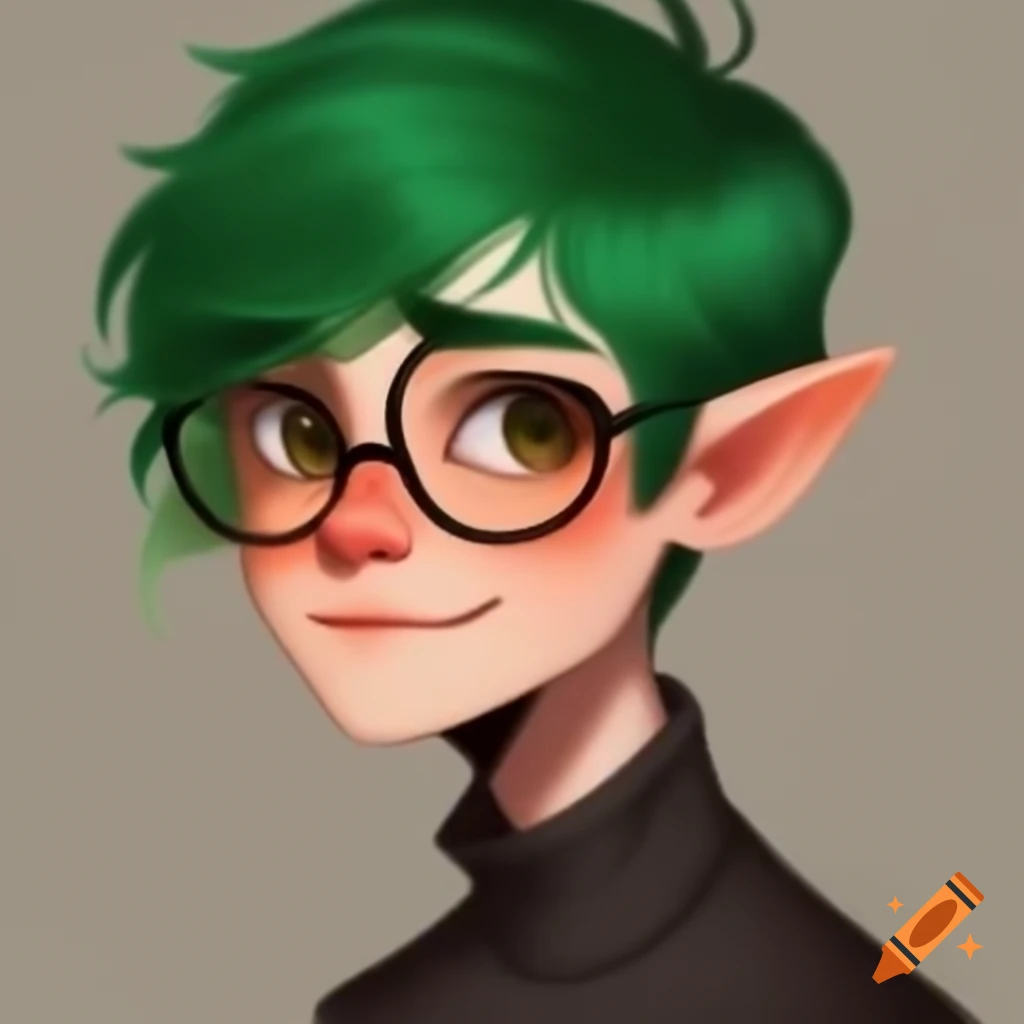 Drawing of men with green short hair and glasses in a magical setting ...