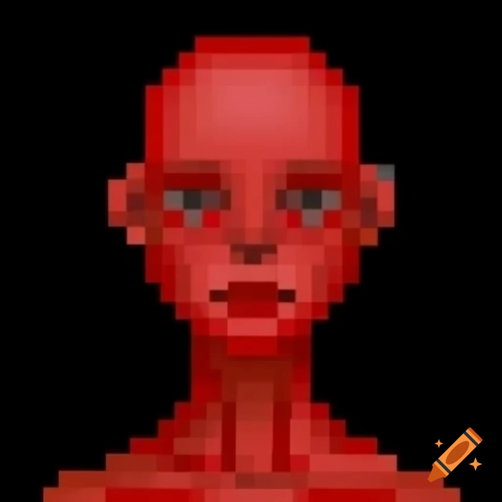 Pixel art of humanoid figure with red skin on black background