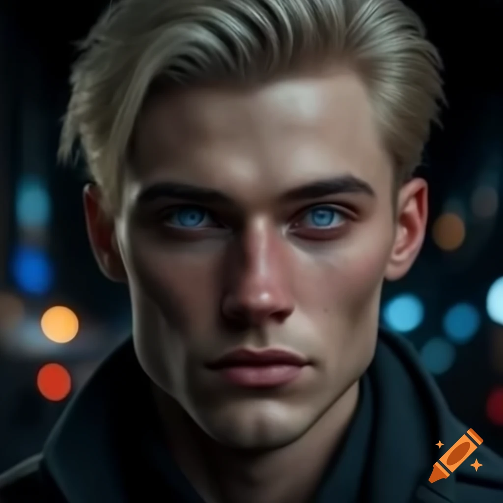 Close-up portrait of blonde man with blue eyes in night city on Craiyon