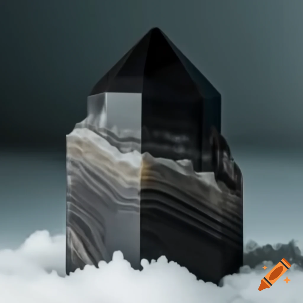 Black onyx crystal resting on a layer of snow, realistic detail
