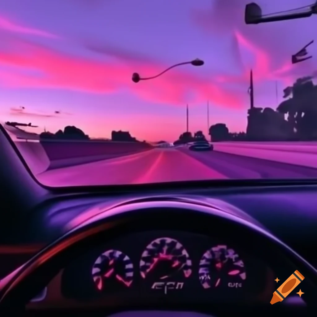 Aesthetic 80's car dashboard with pink and purple hues and road view