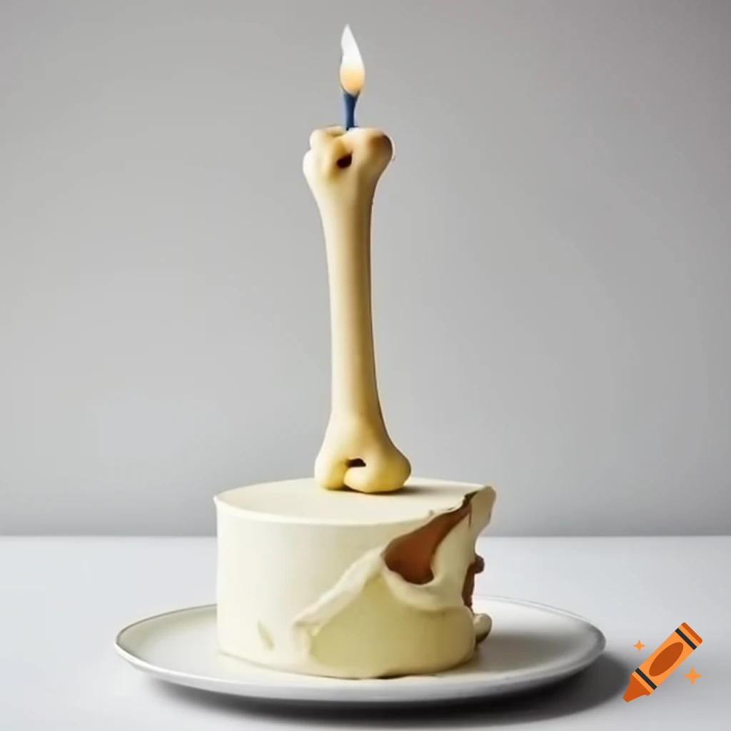 Cake designed as a leg bone with a single candle