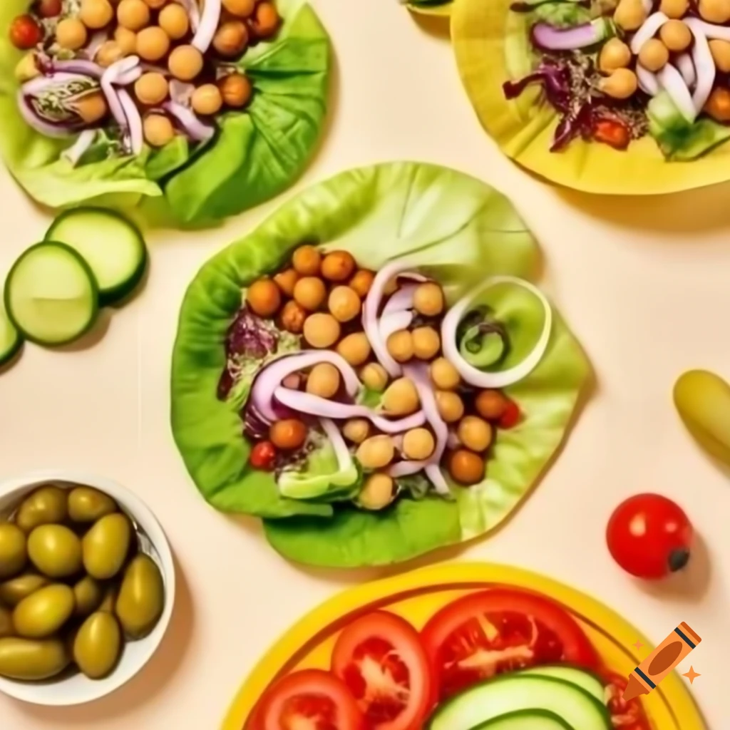Vibrant Mediterranean wraps with chickpeas, lettuce, tomatoes, olives, and cucumber
