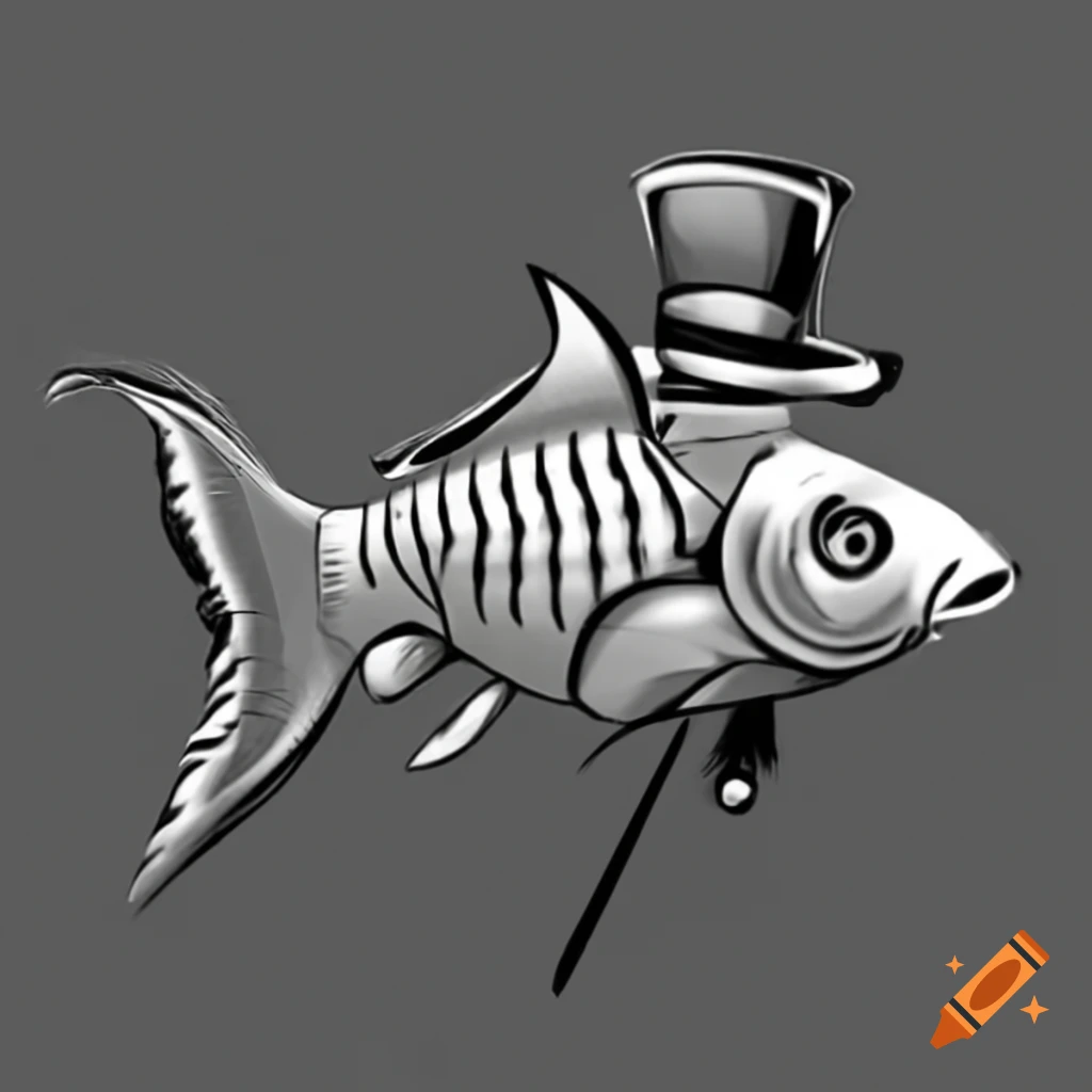 Koi fish in top hat and monocle, black and white line art