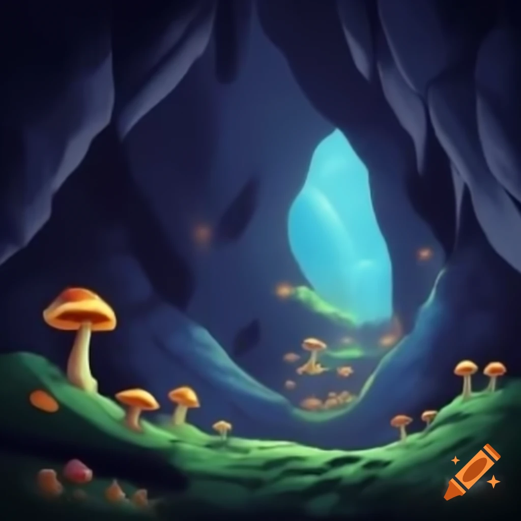 Cave interior adorned with glowing mushrooms