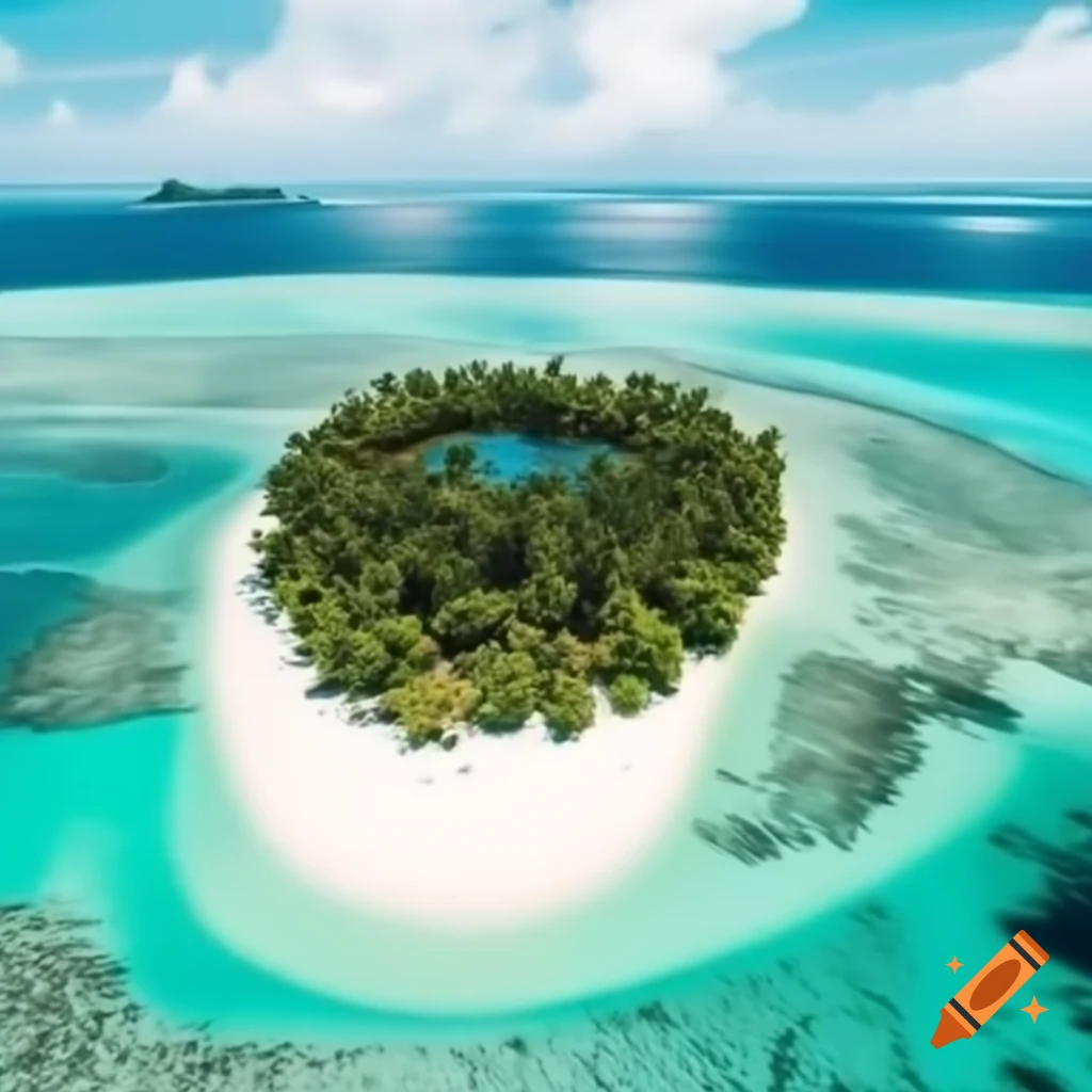 Aerial view of a tropical island from a side perspective