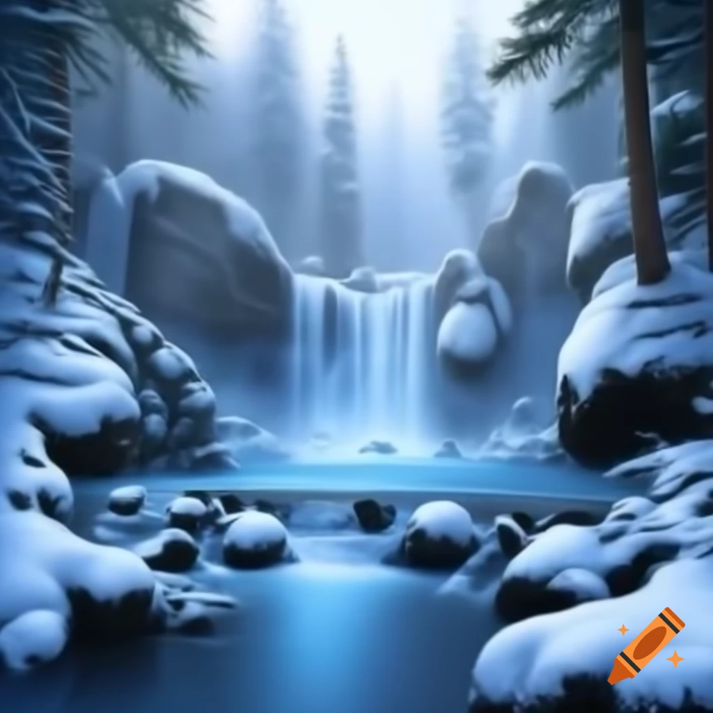 Winter forest featuring a waterfall