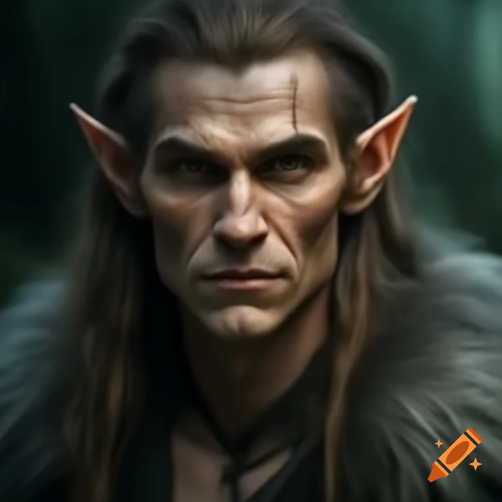 Mature male half-elf monk with long brown-grey hair and fur cloak