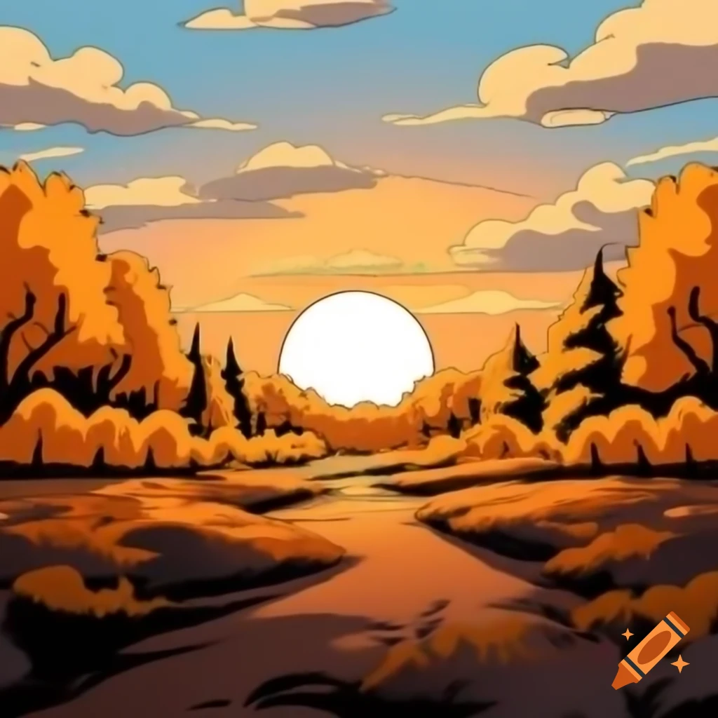 Beautiful autumn sunset with yellow trees