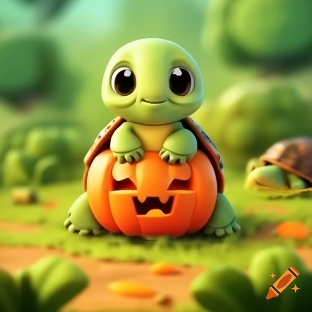 Cartoon turtle emerging from a pumpkin