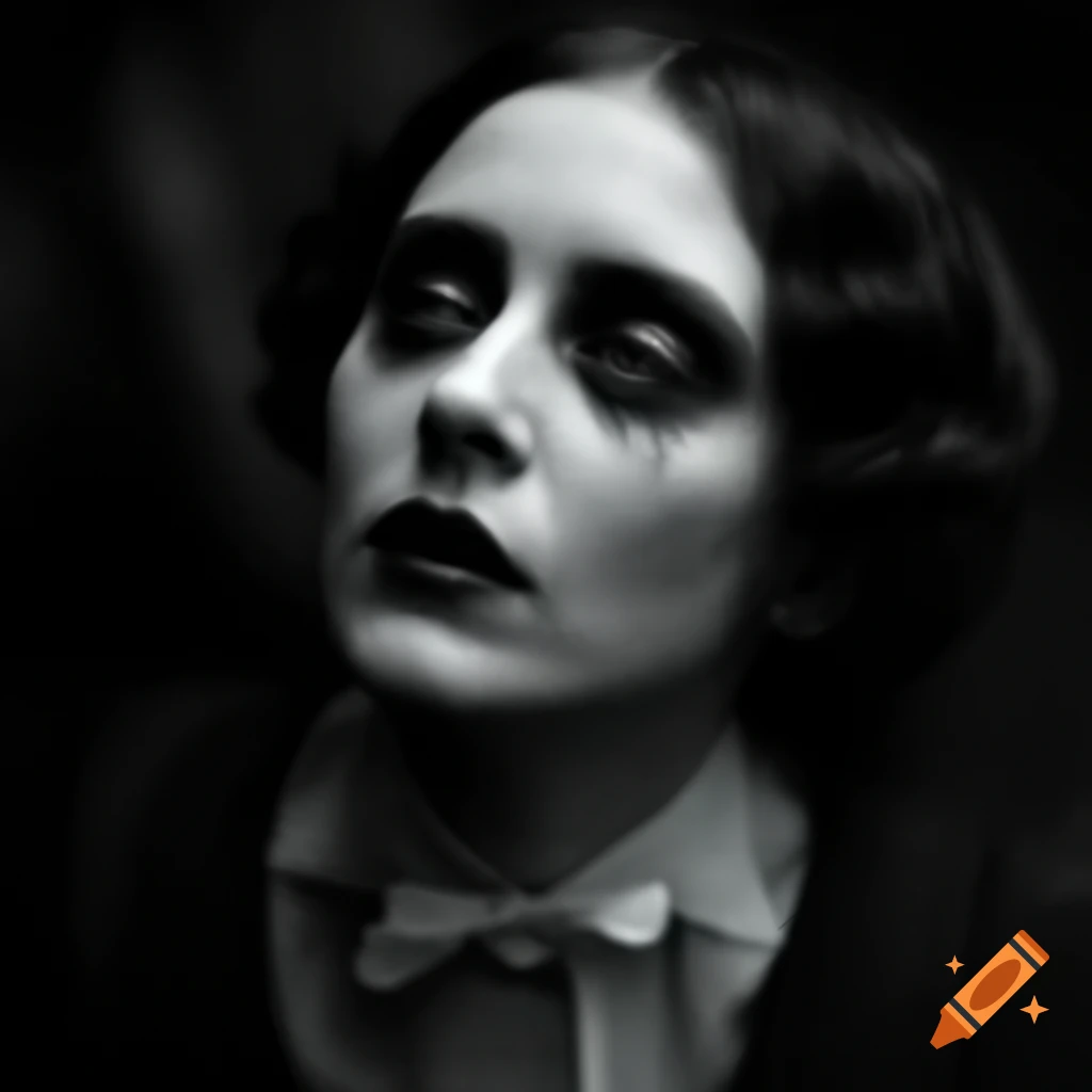 Haunting black and white portrait of Victorian woman resembling vampire, chiaroscuro style