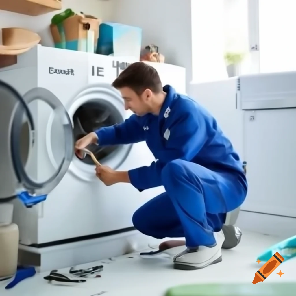 Technician in blue uniform repairing washing machine in modern laundry room