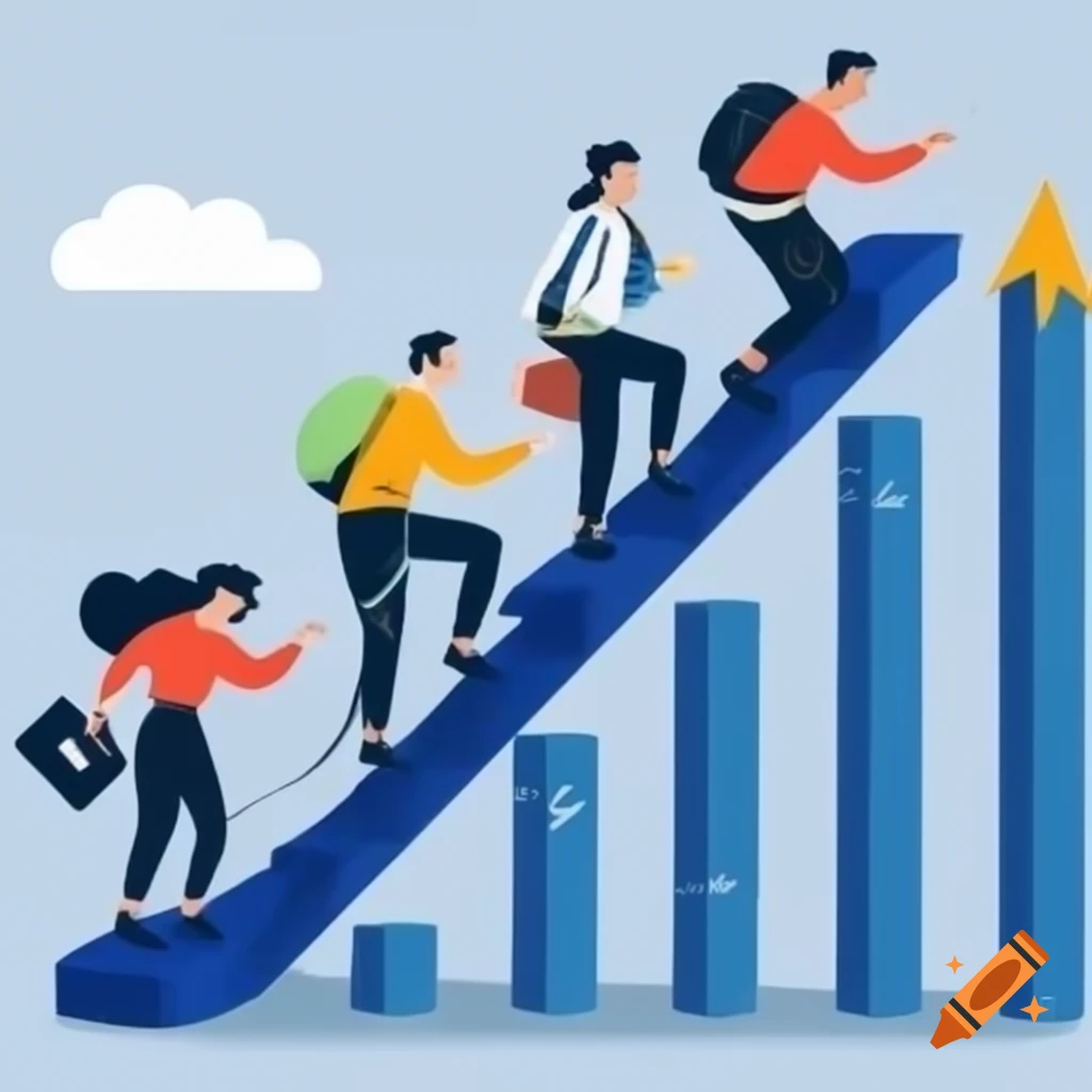 Group of four business professionals climbing bar graph chart in formal attire