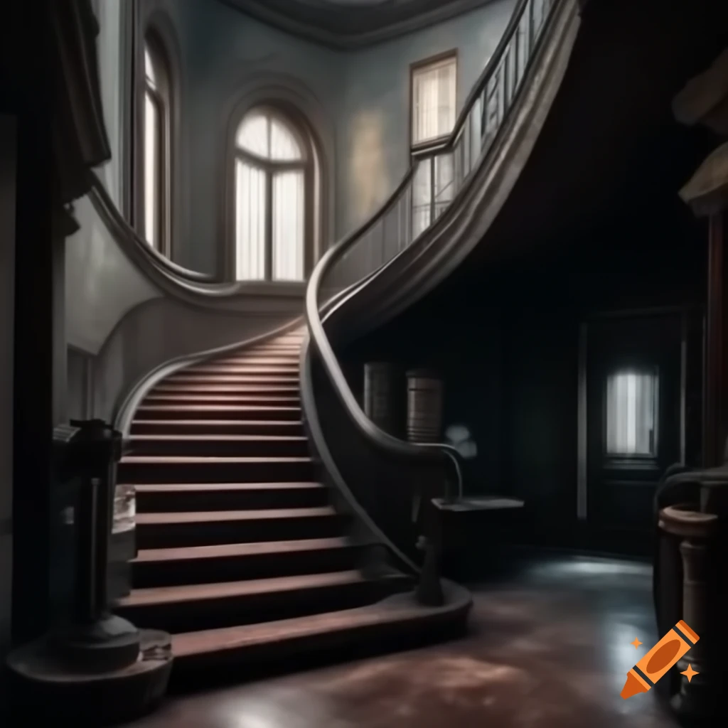 Grand staircase in an eerie mansion