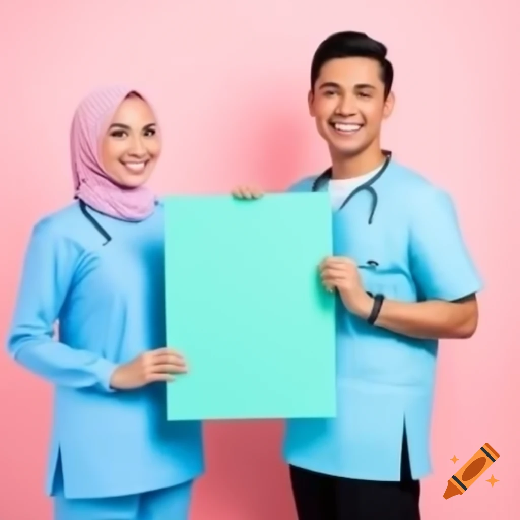 Smiling male and female Malay dentists holding plain poster