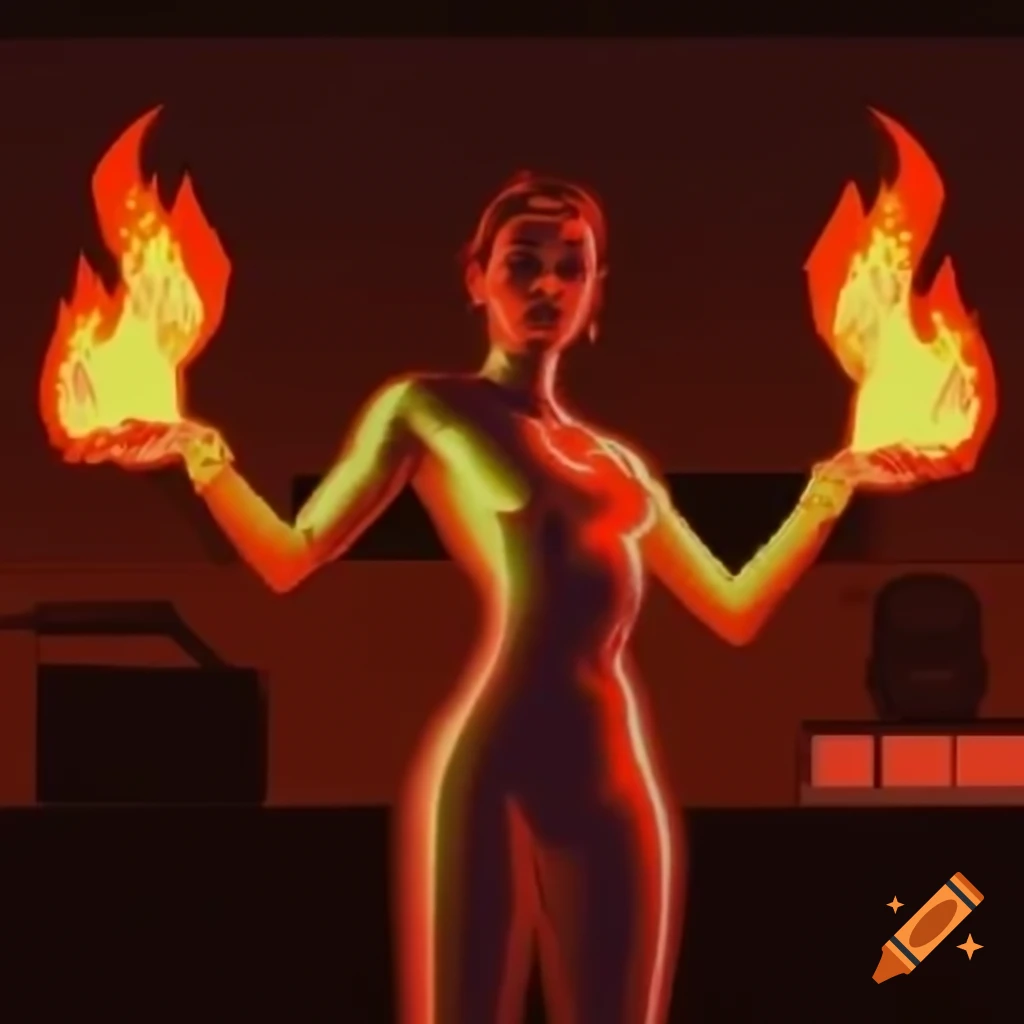 Pixelated woman in tight suit with determined expression against burning office backdrop