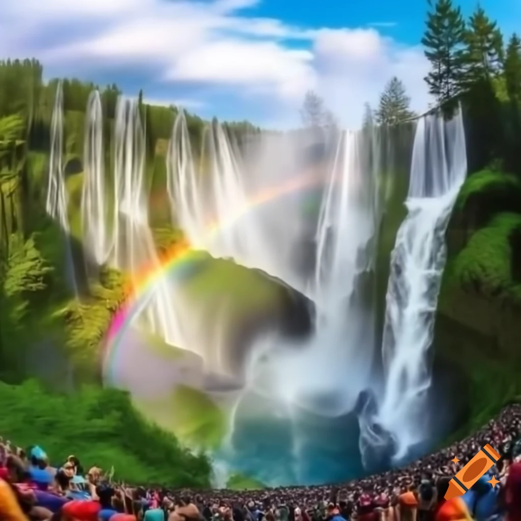 Six waterfalls in a forest with large crowd and rainbow