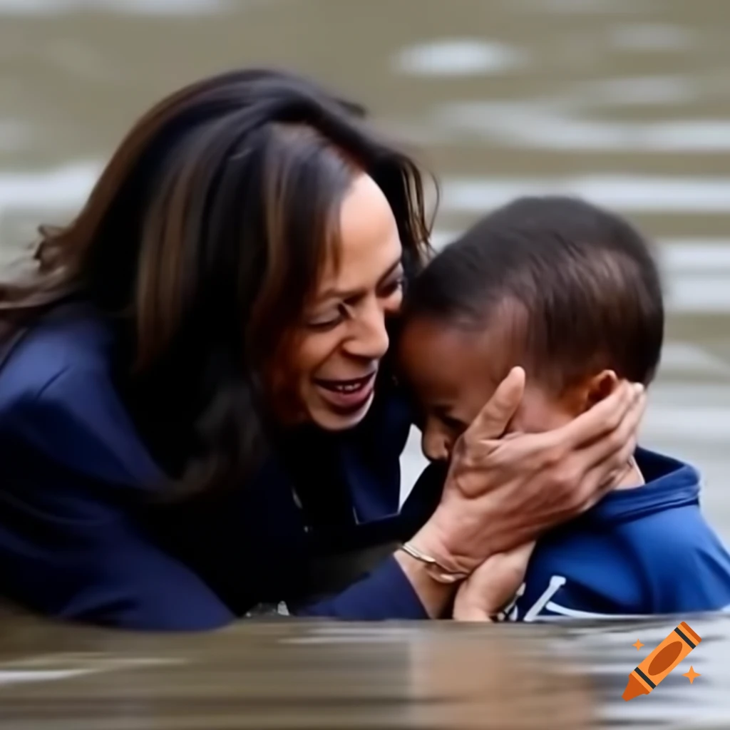 Kamala Harris aiding distressed child in flooded hurricane waters