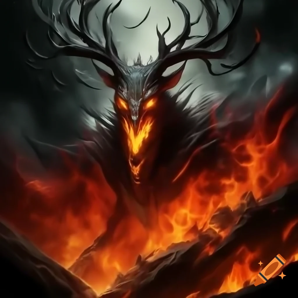Fiery draconic deer spirit illustration