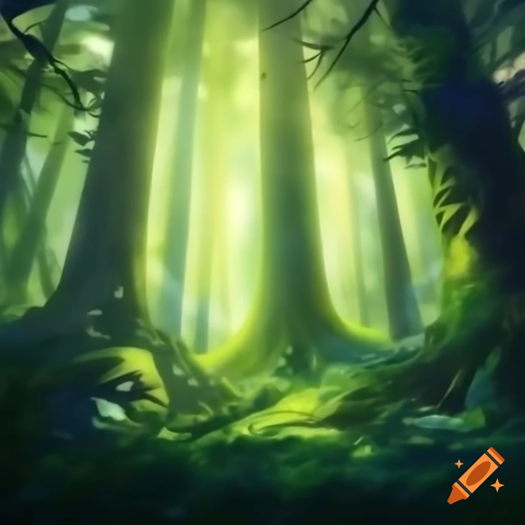 Lush forest with sunlight filtering through trees, creating magical ...