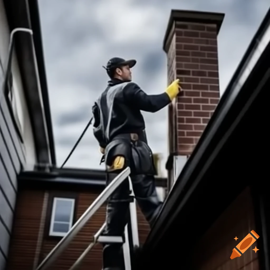 Chimney cleaning worker in black suit