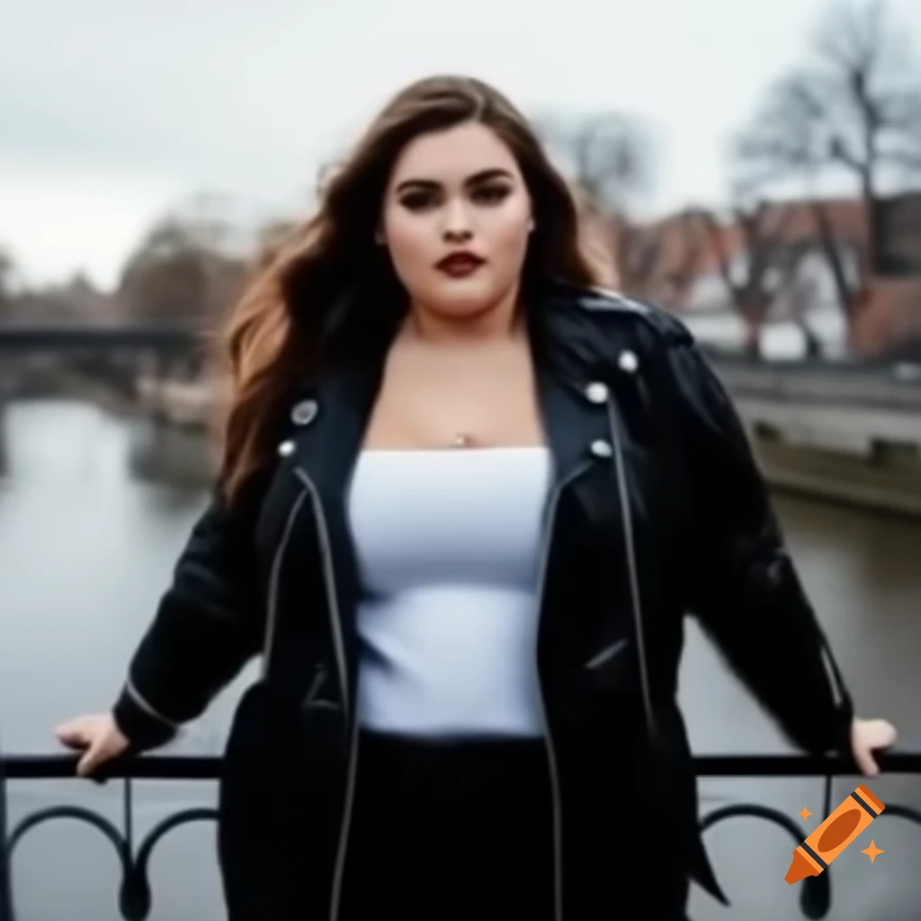 Plus size woman in black jacket by river, inspired by Nadya Rusheva