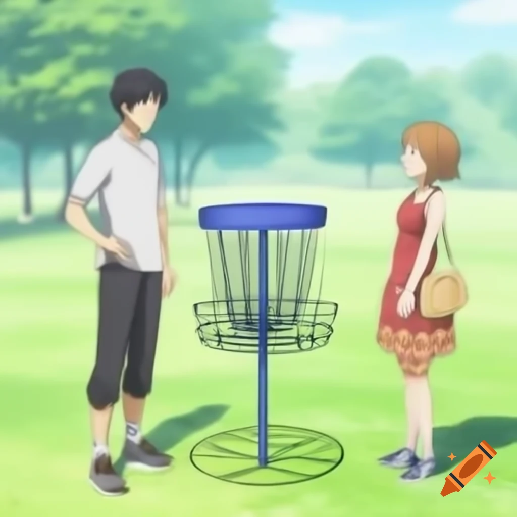 Male and female players competing at disc golf basket