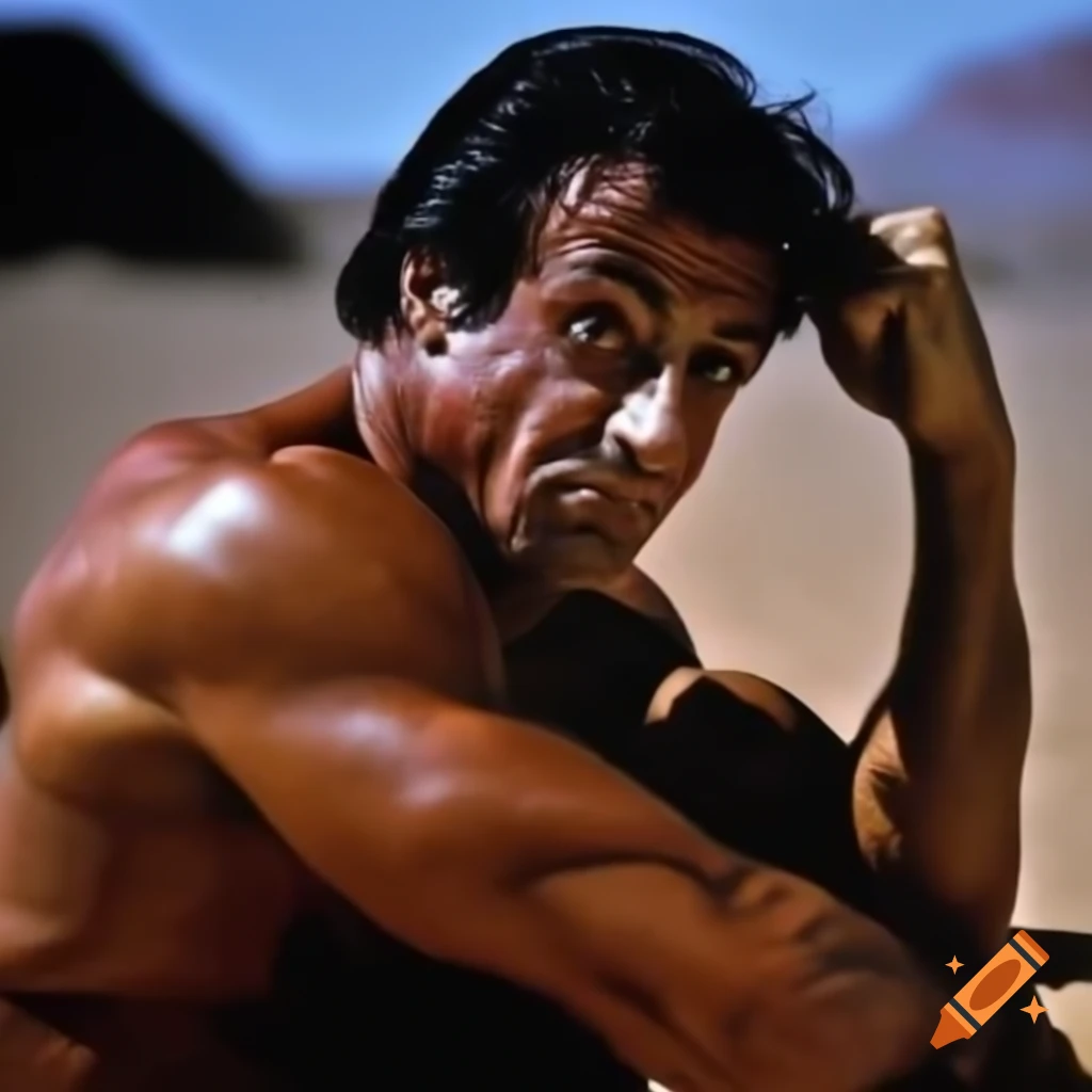 Muscular 1980's Sylvester Stallone frowning in desert scene