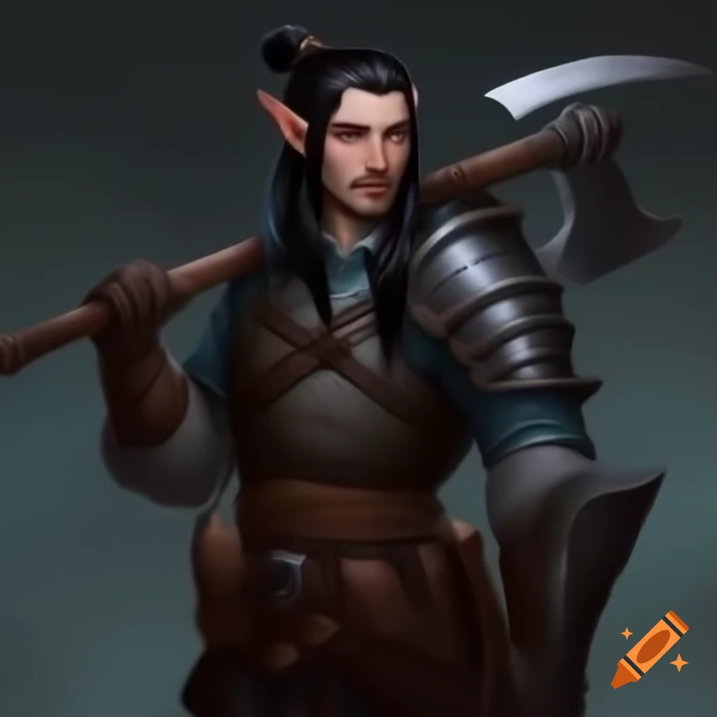 Male elf warrior with black hair, armor, axe, and shield in fantasy ...
