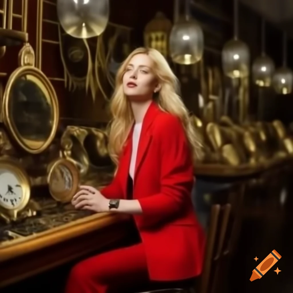 Woman in red blazer discovering golden watch in antique shop