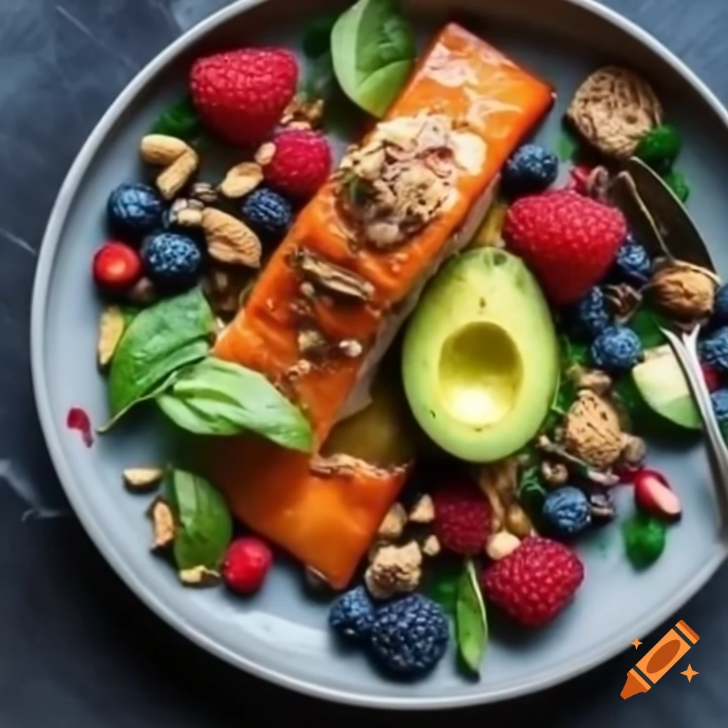 Healthy food ingredients: berries, salmon, avocados, nuts, and leafy greens