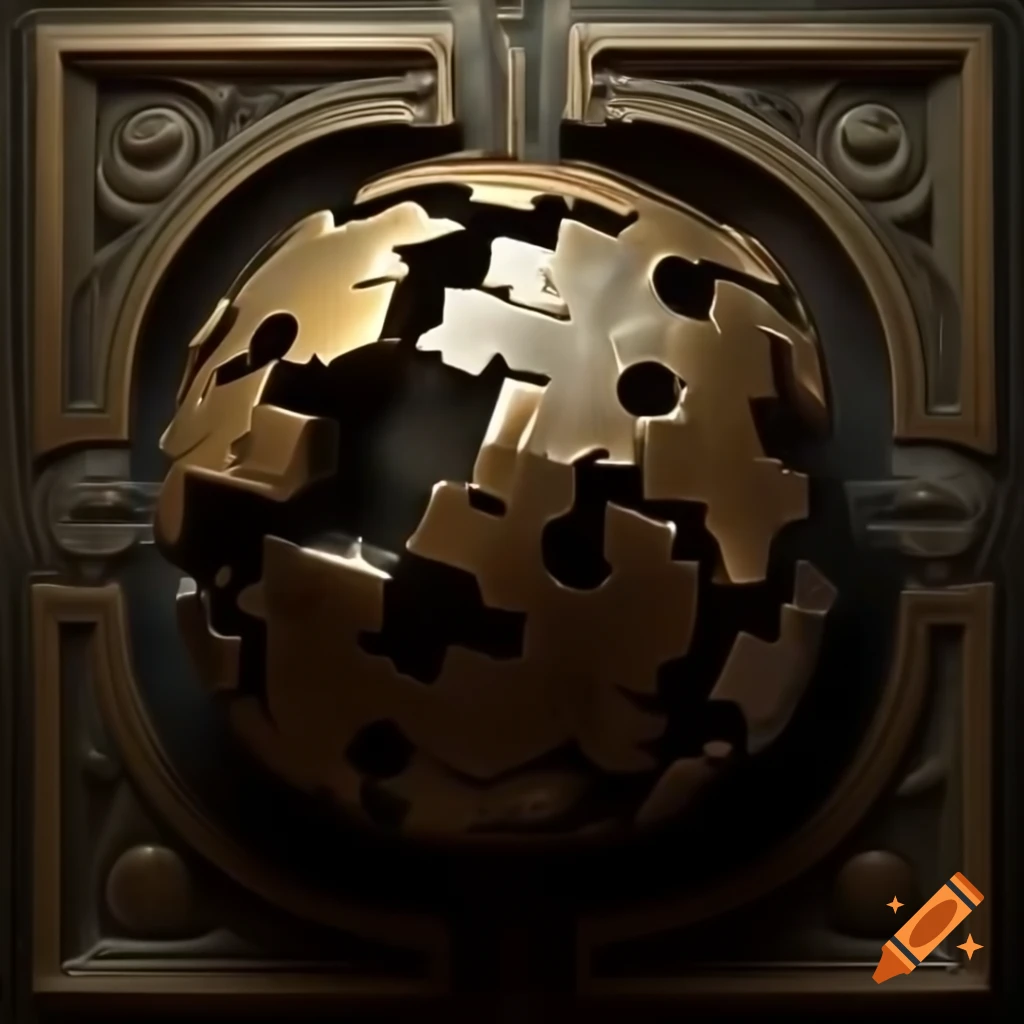 Shattered bronze puzzle sphere with intricate engravings