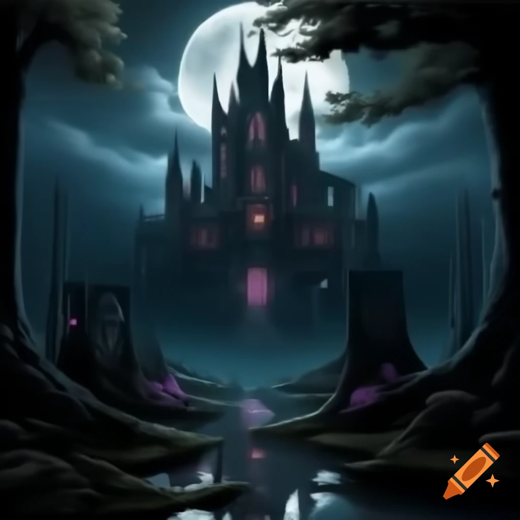Gothic castle in dark forest under full moon, fantasy setting