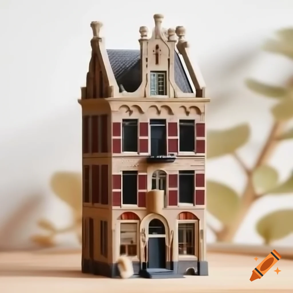 Three-story dollhouse miniature featuring Anglo-Dutch Gothic, Victorian, and Edwardian architecture