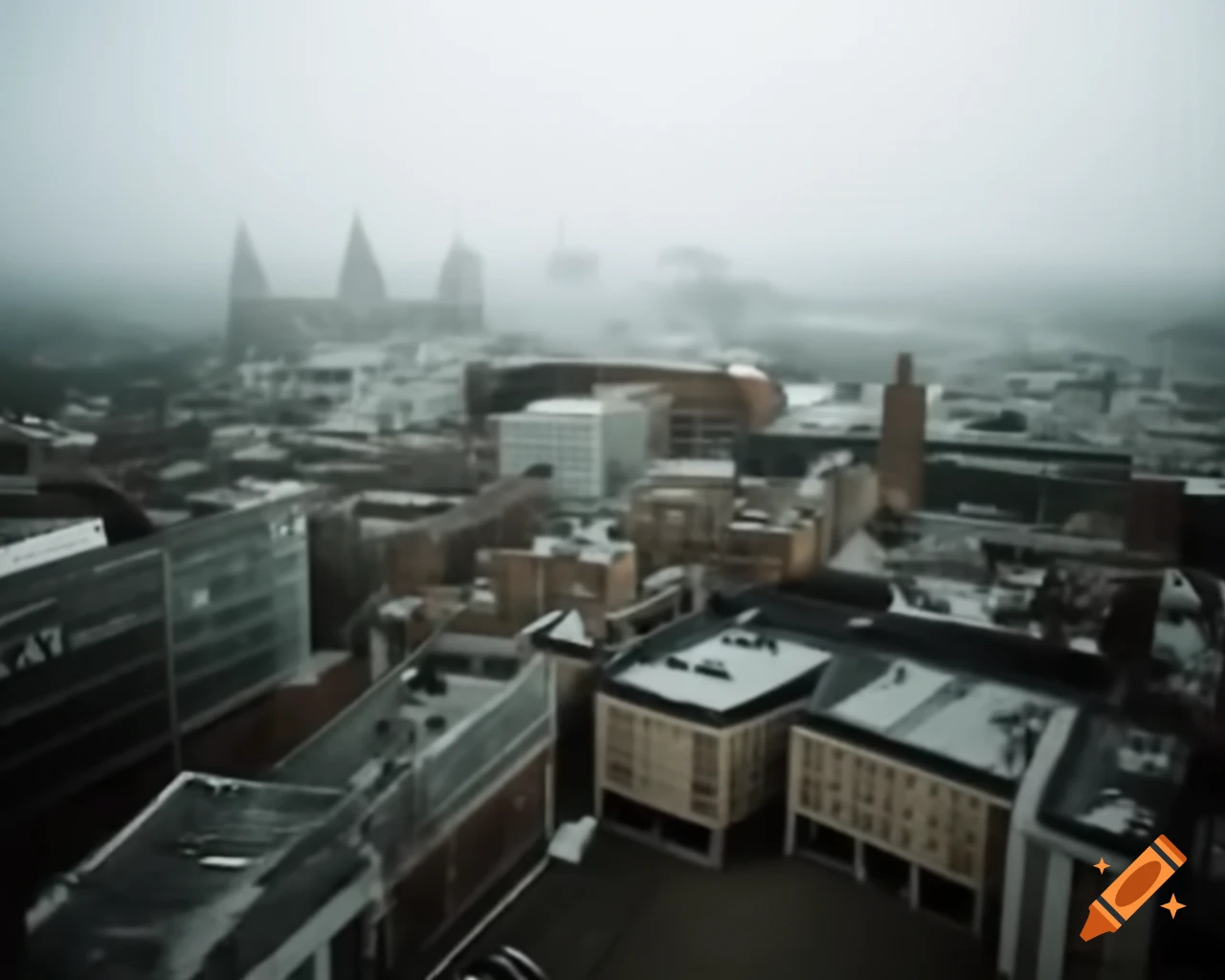 Aerial view of a British city on a foggy day