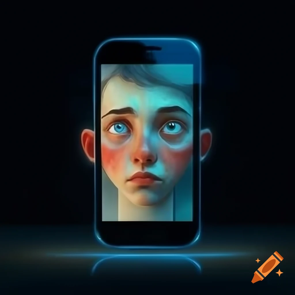 Young face illuminated by phone screen glow in a dark setting