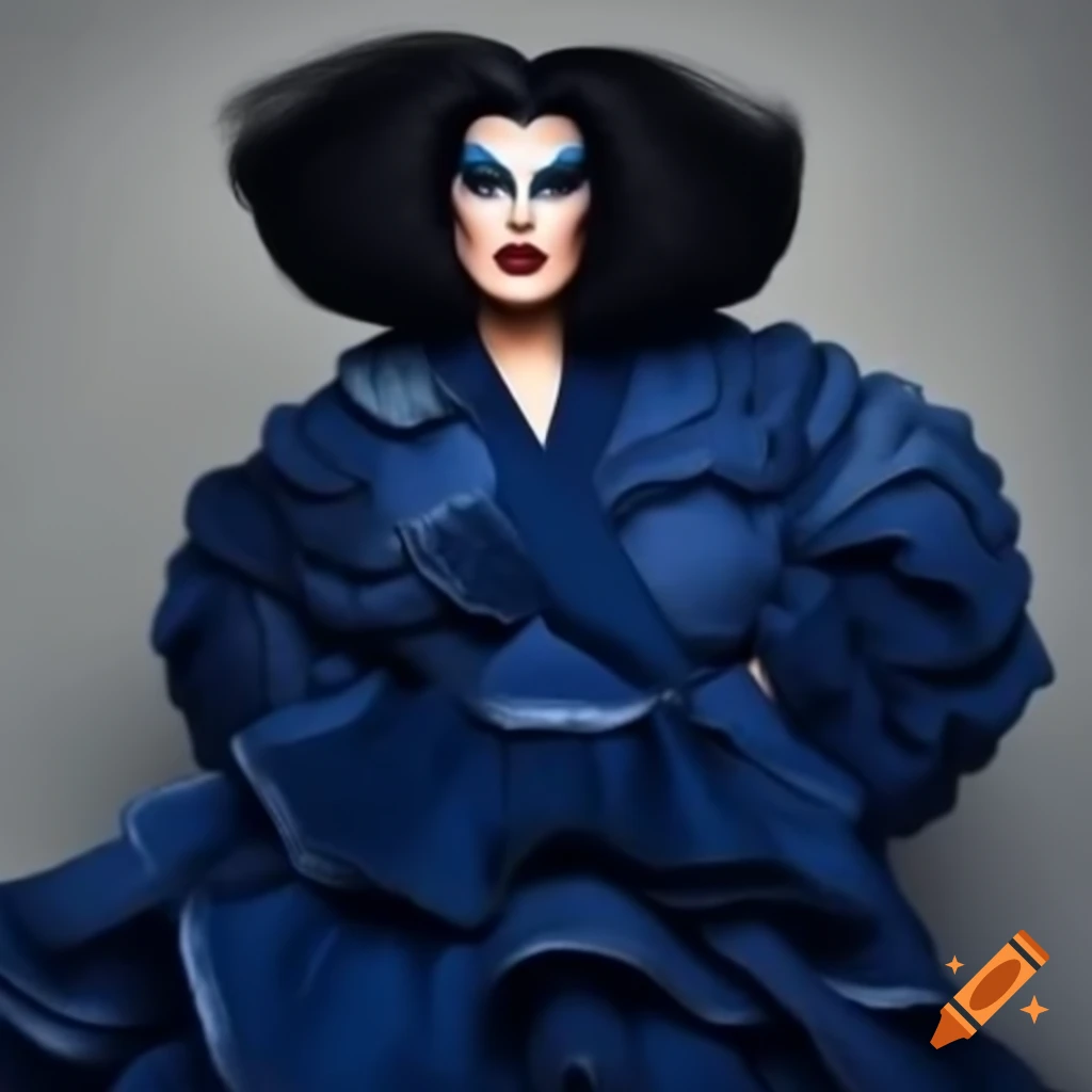 RuPaul's Drag Race queen Mabel Syrup in cozy indigo gown and patterned cardigan