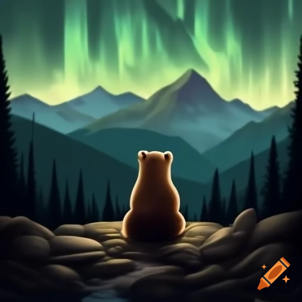 Brown bear in forest with mountains observing aurora
