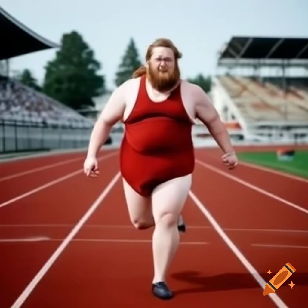 Bearded man smiling crossing finish line in 100 meter race